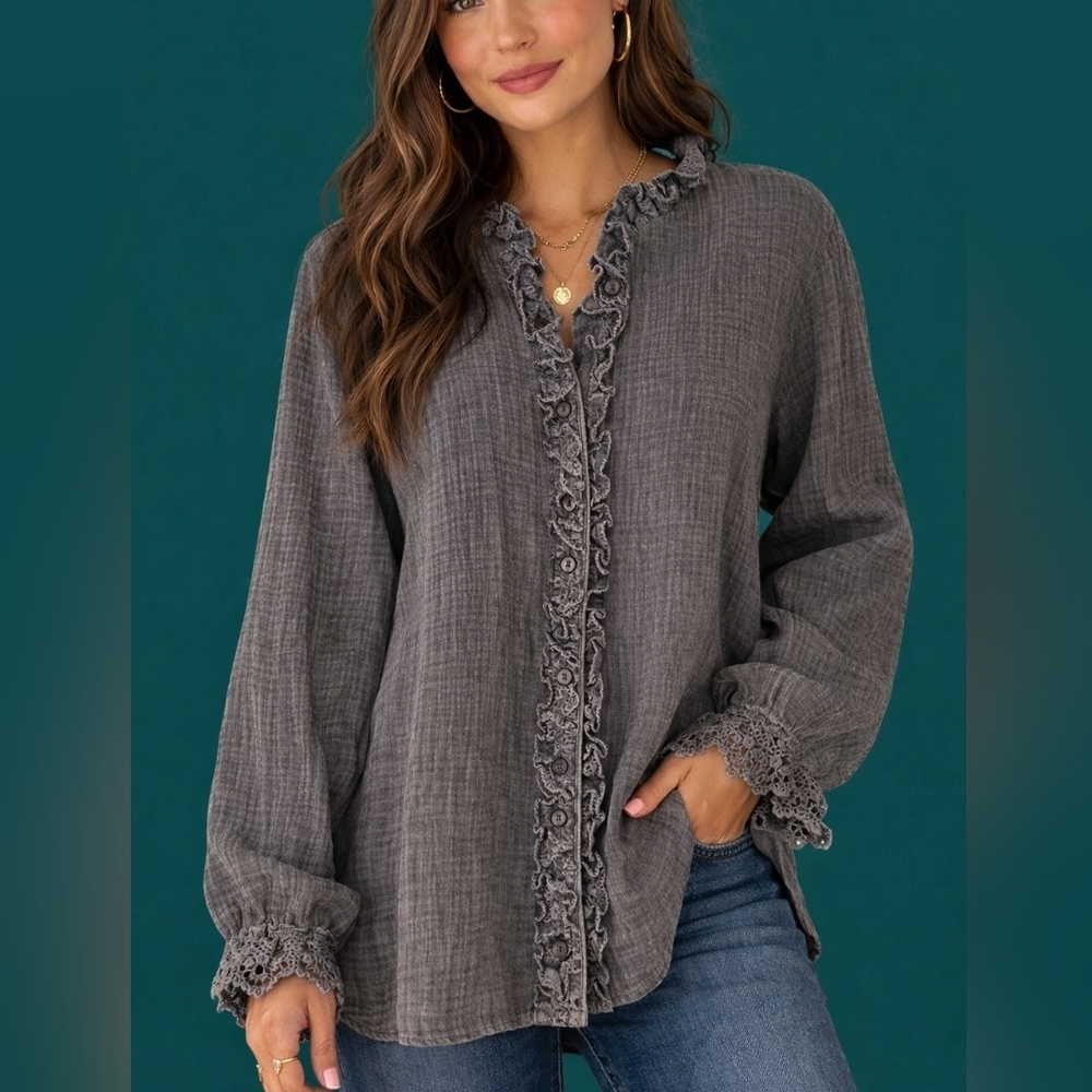 MAZIK Gray Eyelet Ruffle Button Down Long Sleeve Colonial Coquette Tunic Shirt